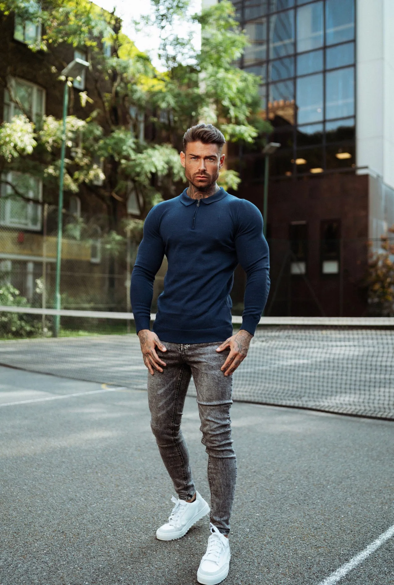 Father Sons Classic Navy Merino Wool Knitted Zip Polo Long Sleeve Jumper With FS Embroidery- FSN007