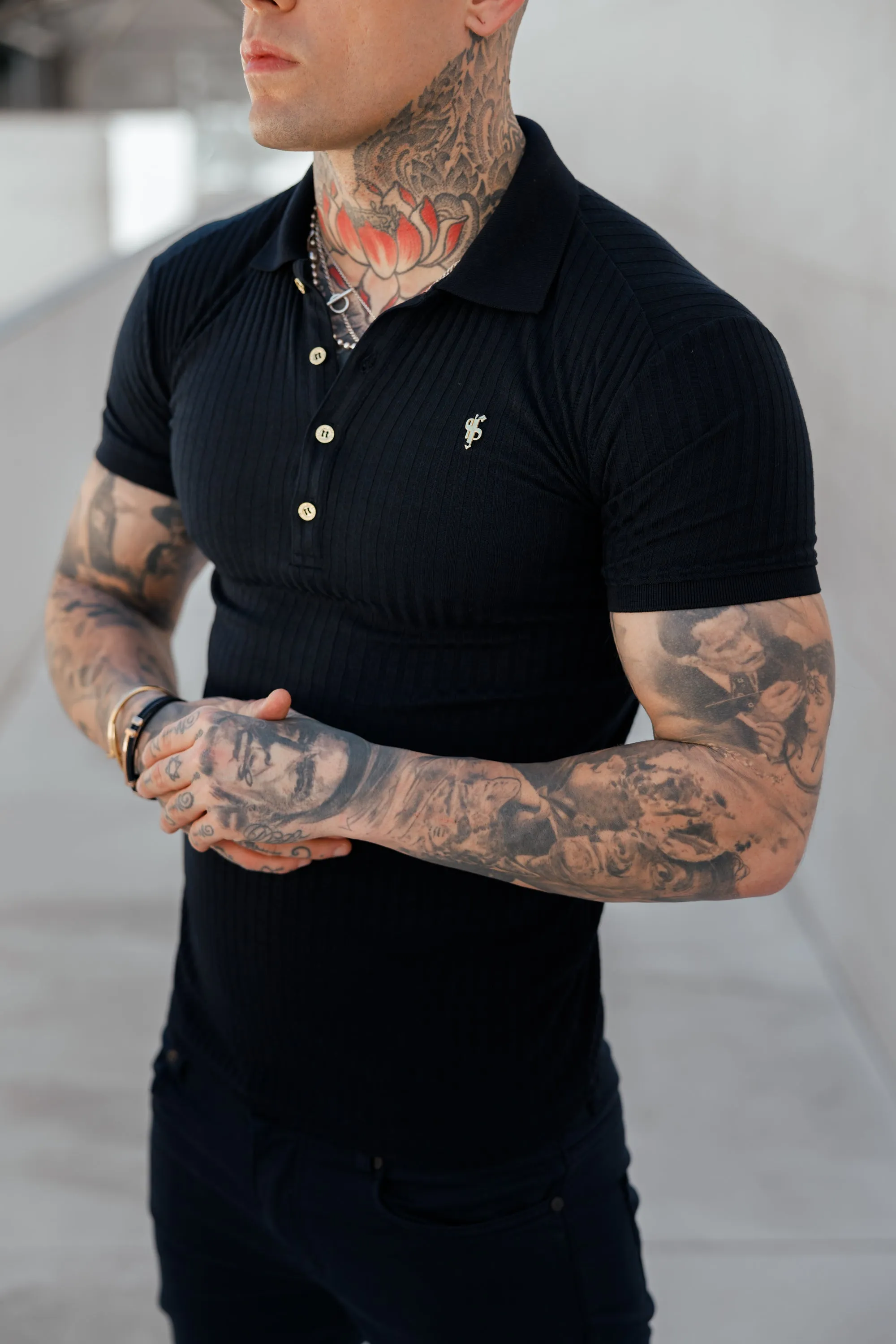 Father Sons Classic Navy Ribbed Polo Shirt with Gold Metal Emblem Decal & Buttons- FSH694