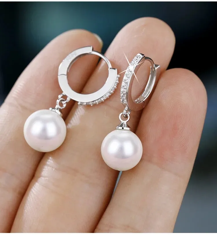 Freshwater Pearl Zircon Dangling Huggies Hoop Earrings