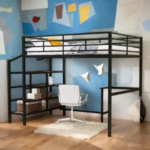 Full Size Loft Bed with Desk Heavy Duty Metal Shelves Frame for Kids
