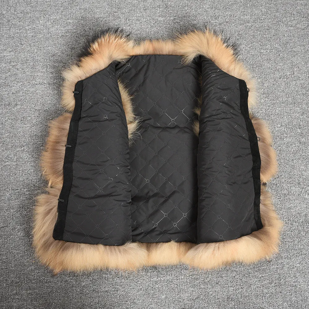 Furry Raccoon Fur Vest Women Short Gilets 3 Rows Natural Color
