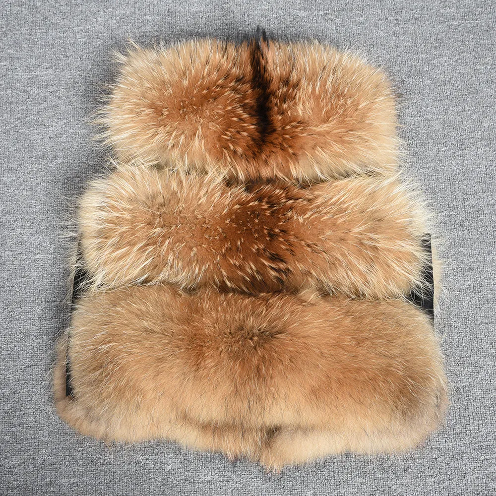 Furry Raccoon Fur Vest Women Short Gilets 3 Rows Natural Color
