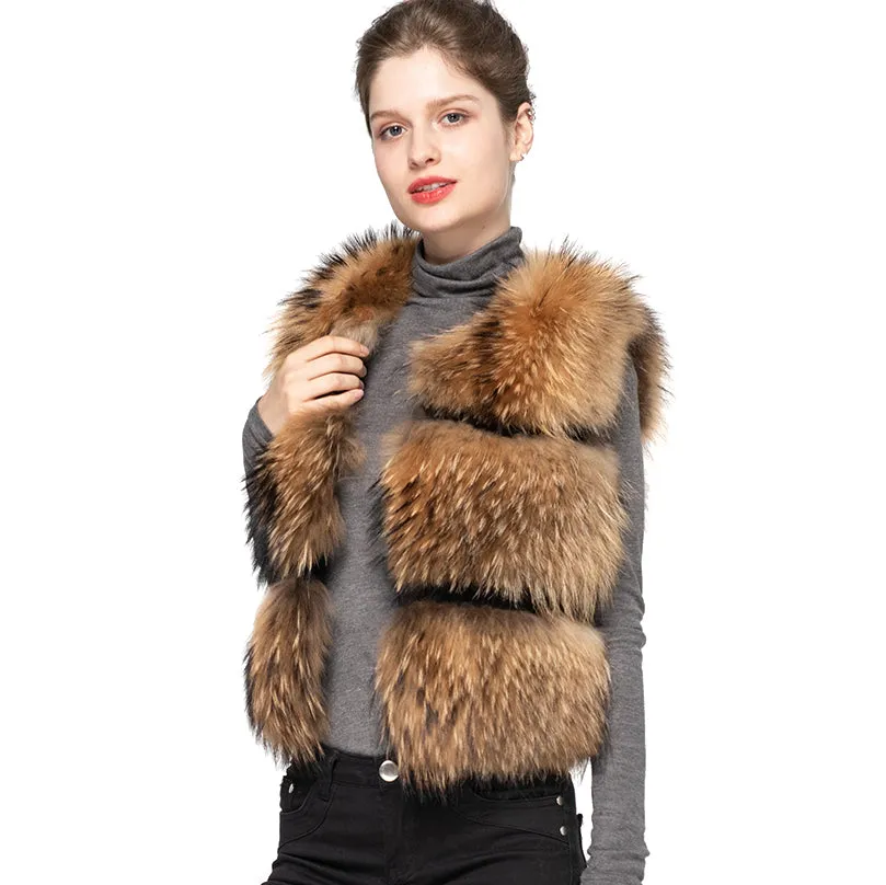Furry Raccoon Fur Vest Women Short Gilets 3 Rows Natural Color