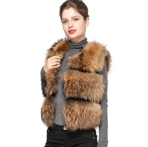 Furry Raccoon Fur Vest Women Short Gilets 3 Rows Natural Color