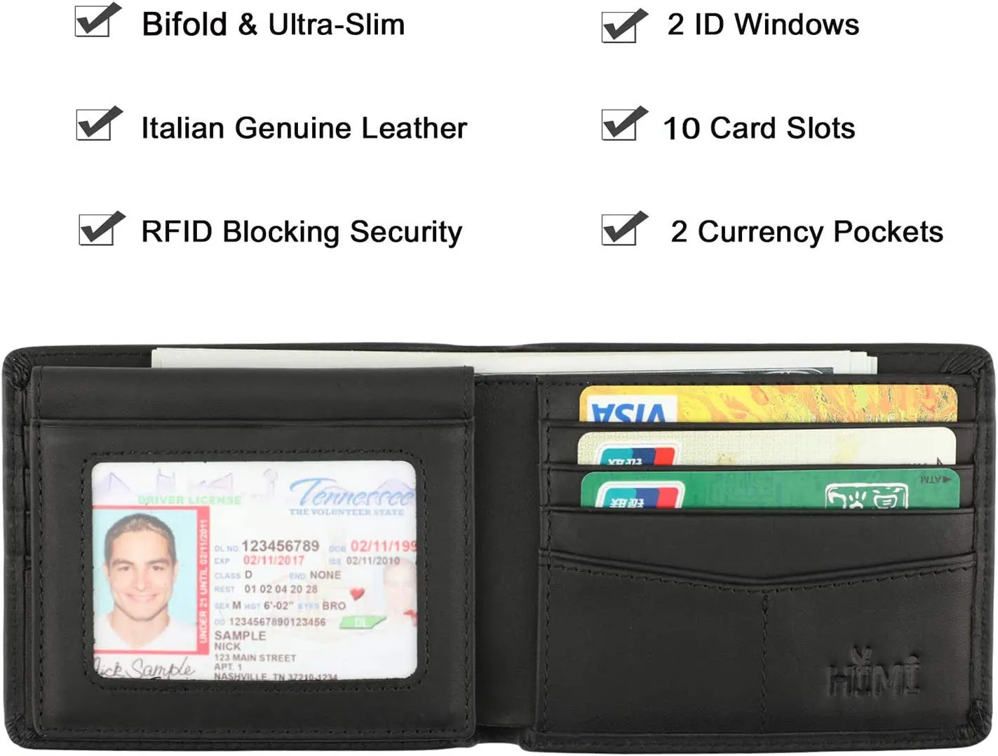 Genuine Leather Bifold Wallet for Men with 2 ID Window