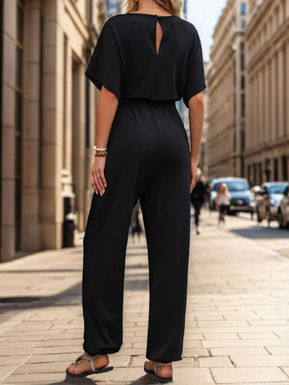 Gianna Notched Half Sleeve Straight Jumpsuit