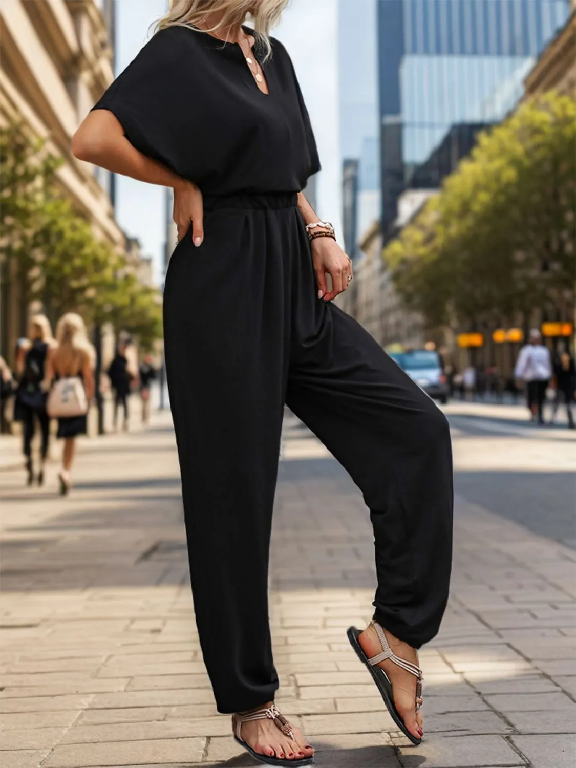 Gianna Notched Half Sleeve Straight Jumpsuit