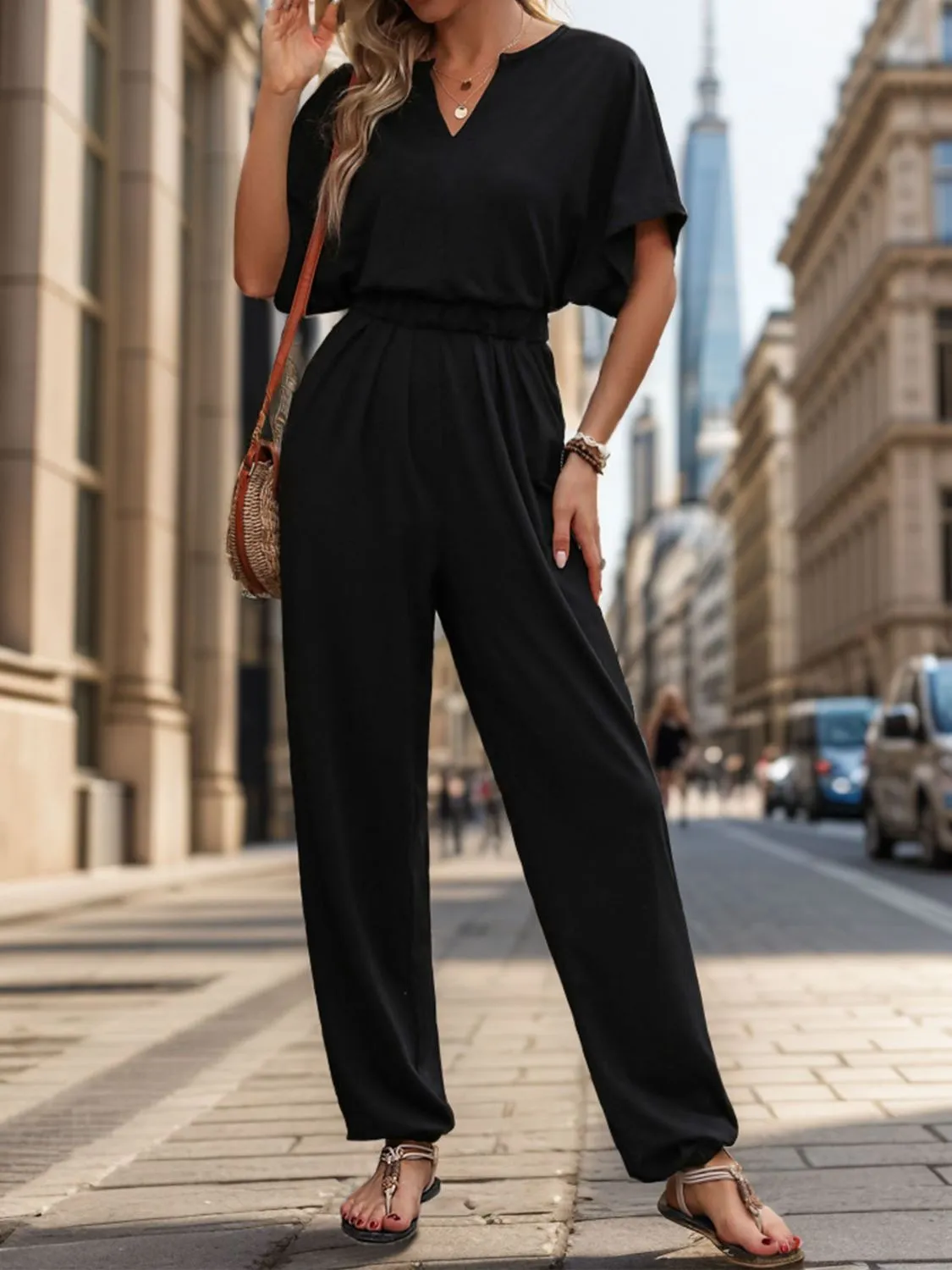 Gianna Notched Half Sleeve Straight Jumpsuit