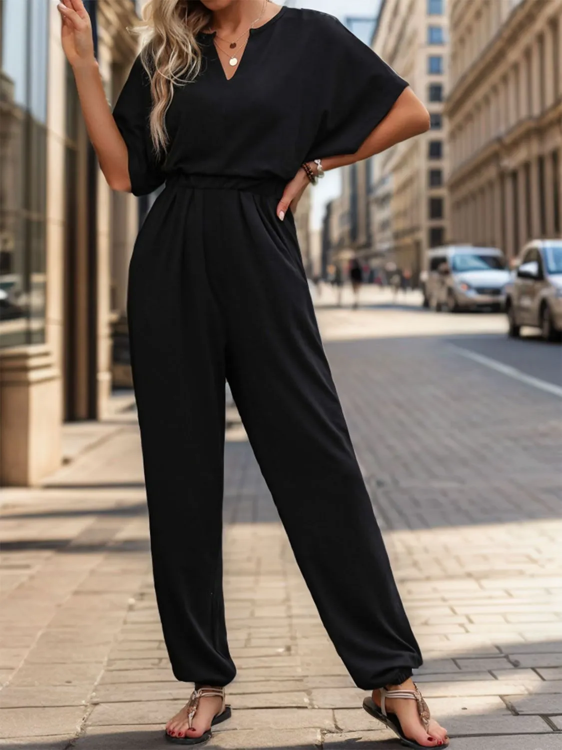 Gianna Notched Half Sleeve Straight Jumpsuit