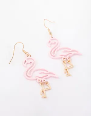 Gold Pink Cut Out Flamingo Drop Earrings