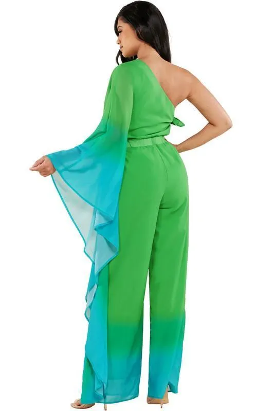 GREEN AND BLUW BATWING JUMPSUIT