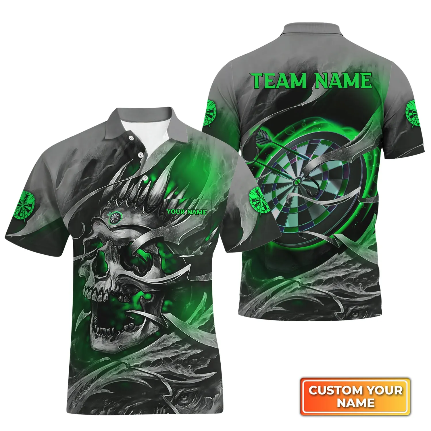 Green Skull Dartboard Personalized Name & Team Name 3D Skull And Darts Polo With Pocket Shirt For Dart Team Player Tad
