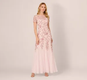 Hand Beaded Short Sleeve Floral Godet Gown In Blush Pink
