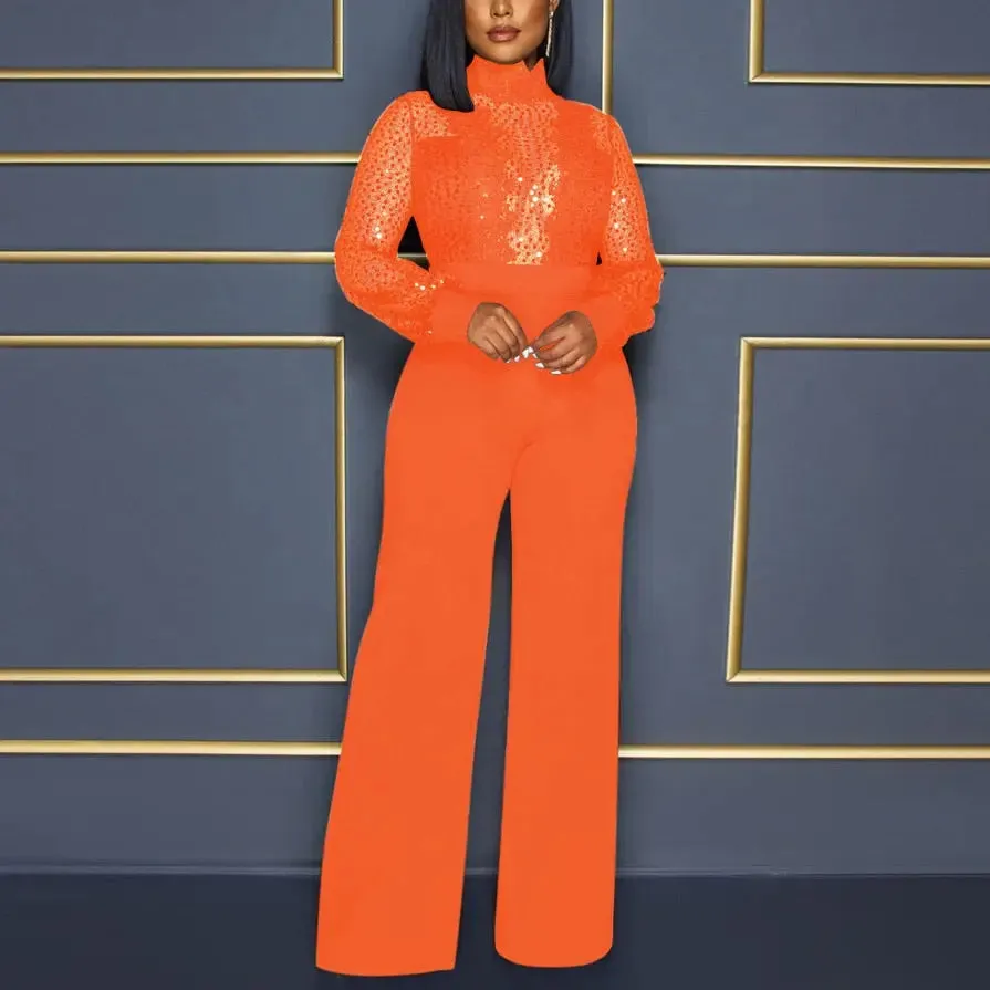 High Collar Sheer Accent High Waist Jumpsuit