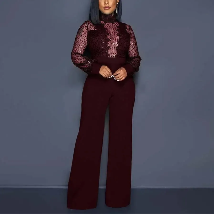 High Collar Sheer Accent High Waist Jumpsuit