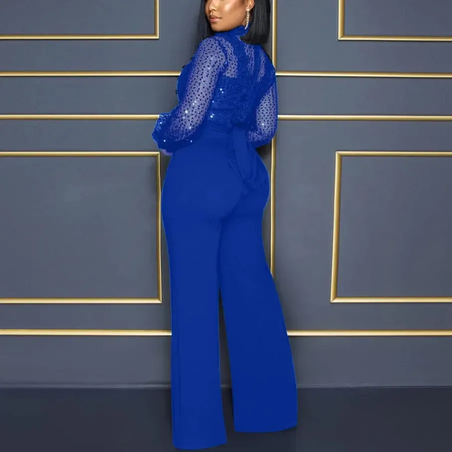 High Collar Sheer Accent High Waist Jumpsuit