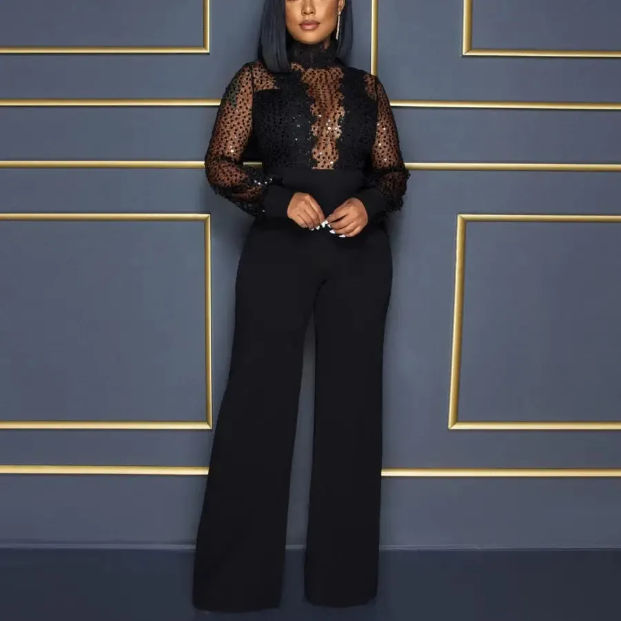 High Collar Sheer Accent High Waist Jumpsuit
