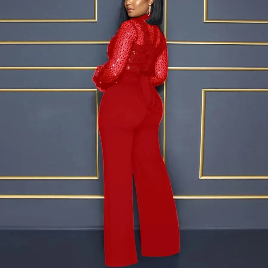 High Collar Sheer Accent High Waist Jumpsuit