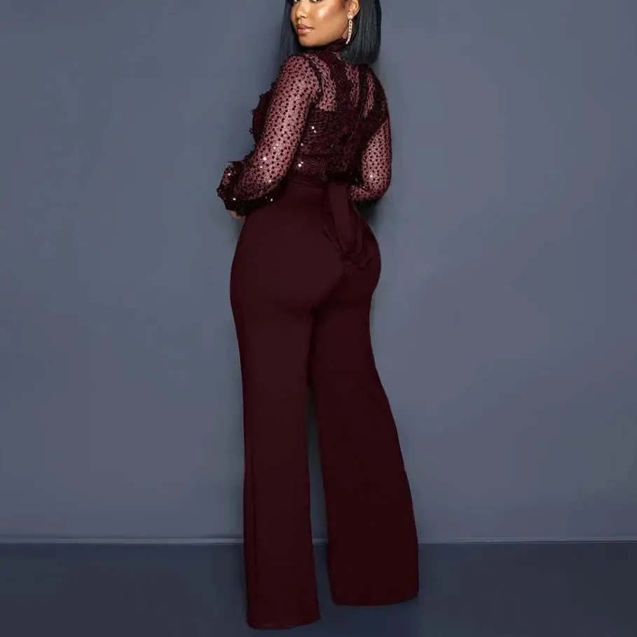 High Collar Sheer Accent High Waist Jumpsuit