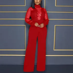 High Collar Sheer Accent High Waist Jumpsuit