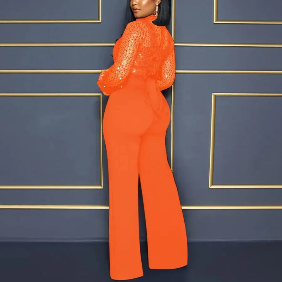 High Collar Sheer Accent High Waist Jumpsuit