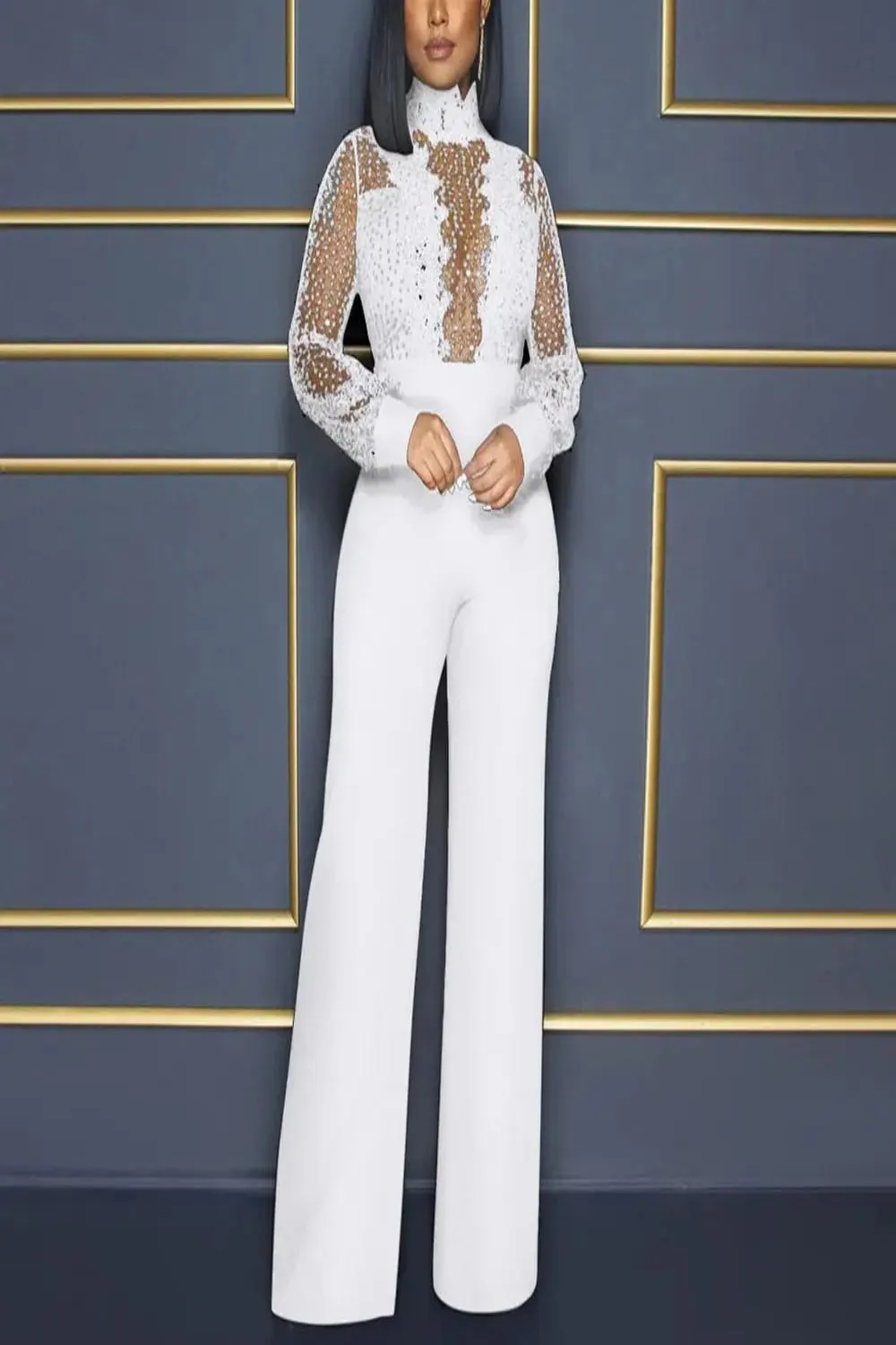 High Collar Sheer Accent High Waist Jumpsuit