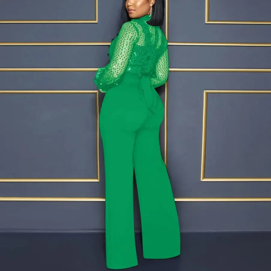 High Collar Sheer Accent High Waist Jumpsuit