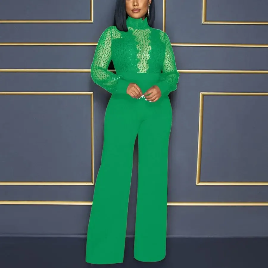 High Collar Sheer Accent High Waist Jumpsuit