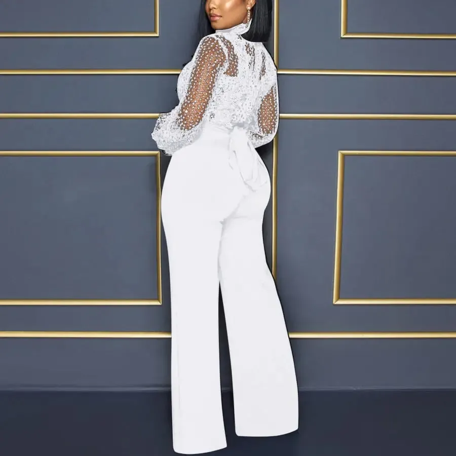 High Collar Sheer Accent High Waist Jumpsuit