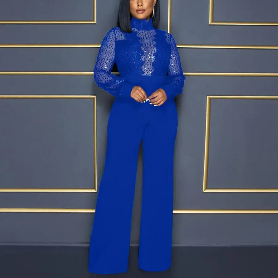 High Collar Sheer Accent High Waist Jumpsuit