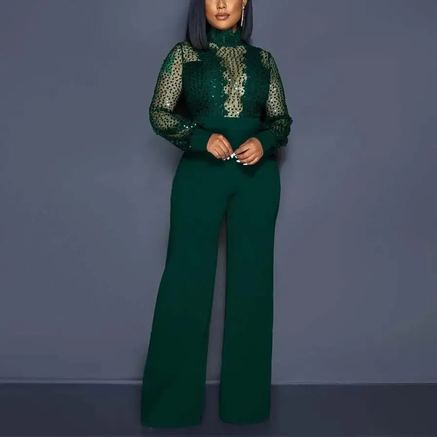 High Collar Sheer Accent High Waist Jumpsuit