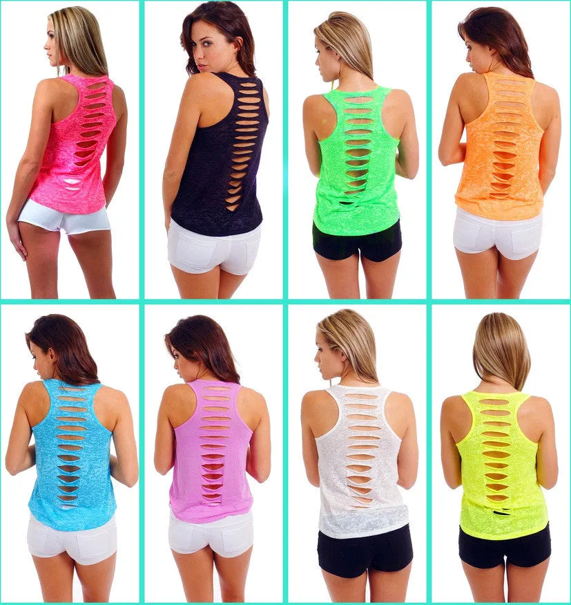 Hollow Out Sleeveless U-neck Pure Color Vest