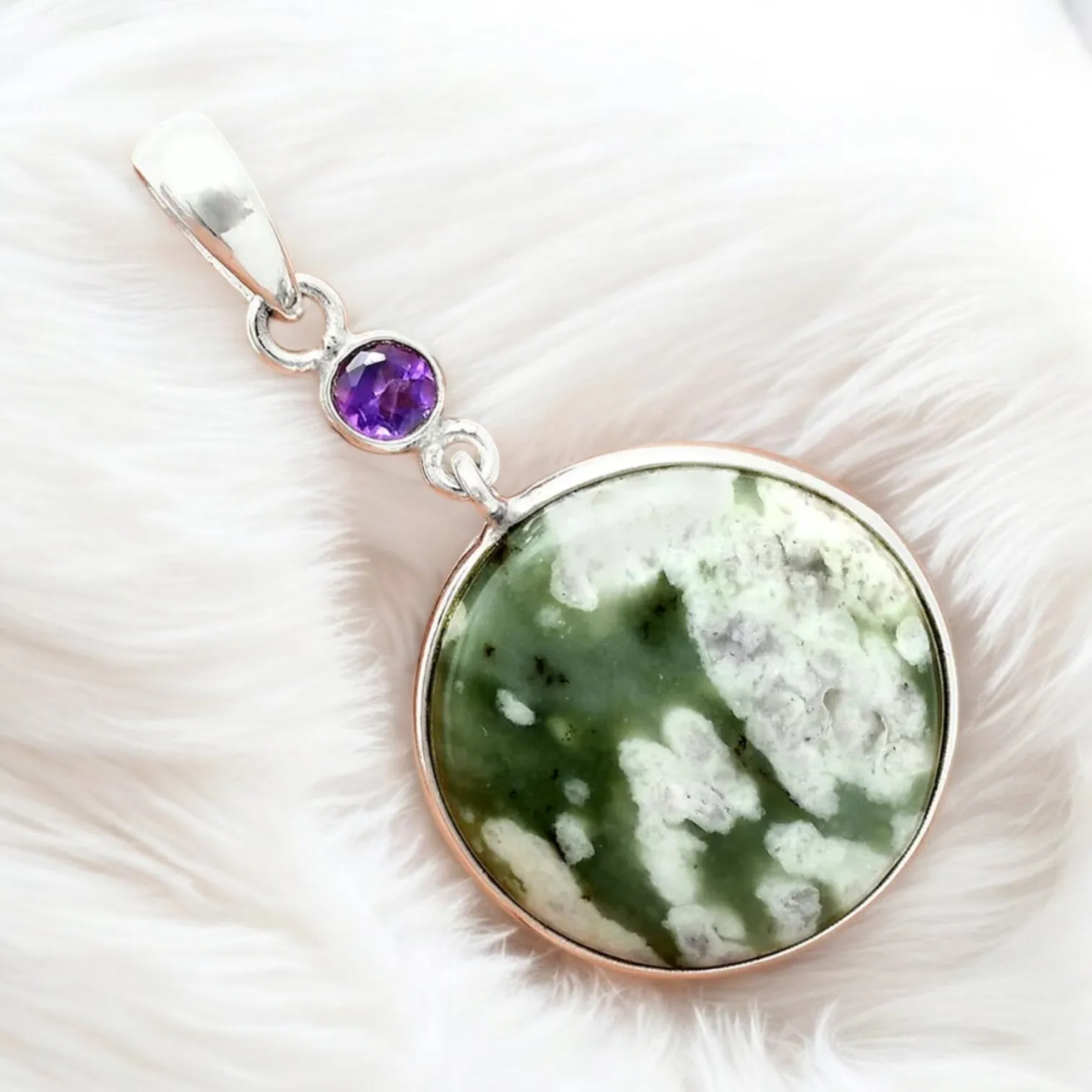 Jade & Amethyst Solid 925 Sterling Silver Pendant Earrings Set