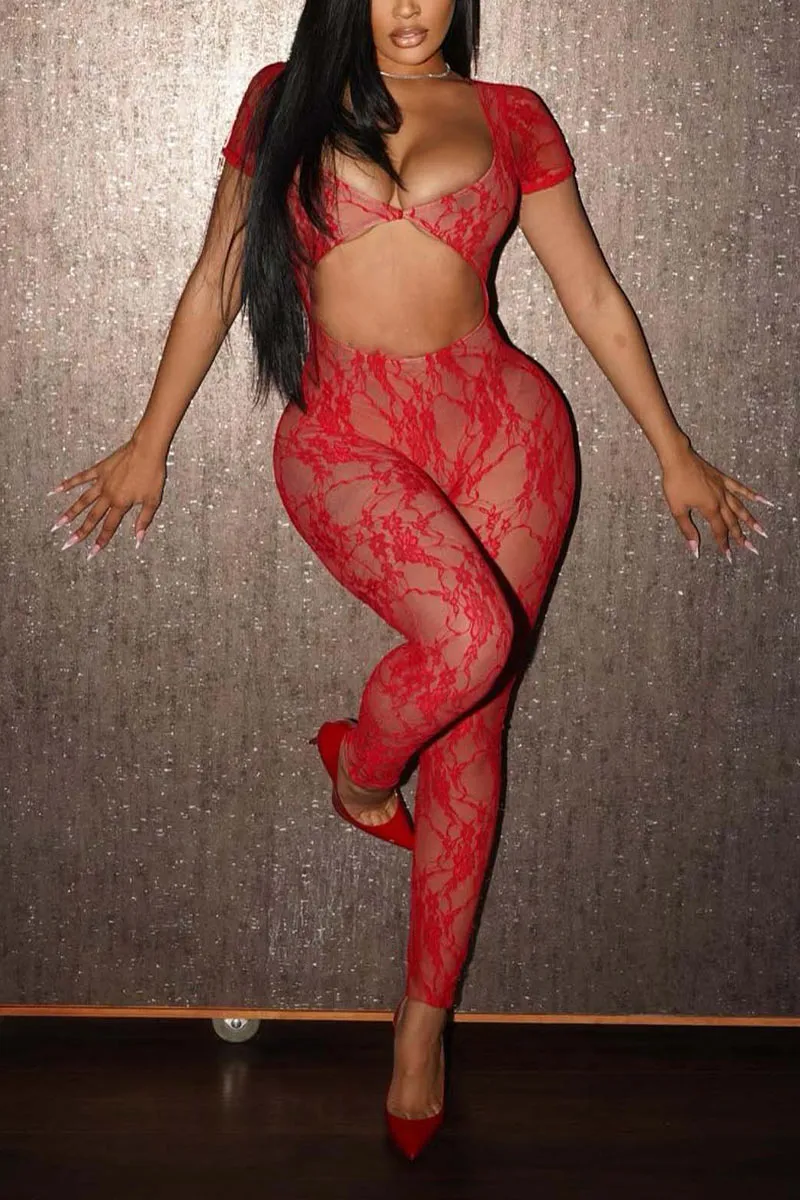 JL684 Solid Lace Hollowed Out See-Through Skinny Jumpsuits
