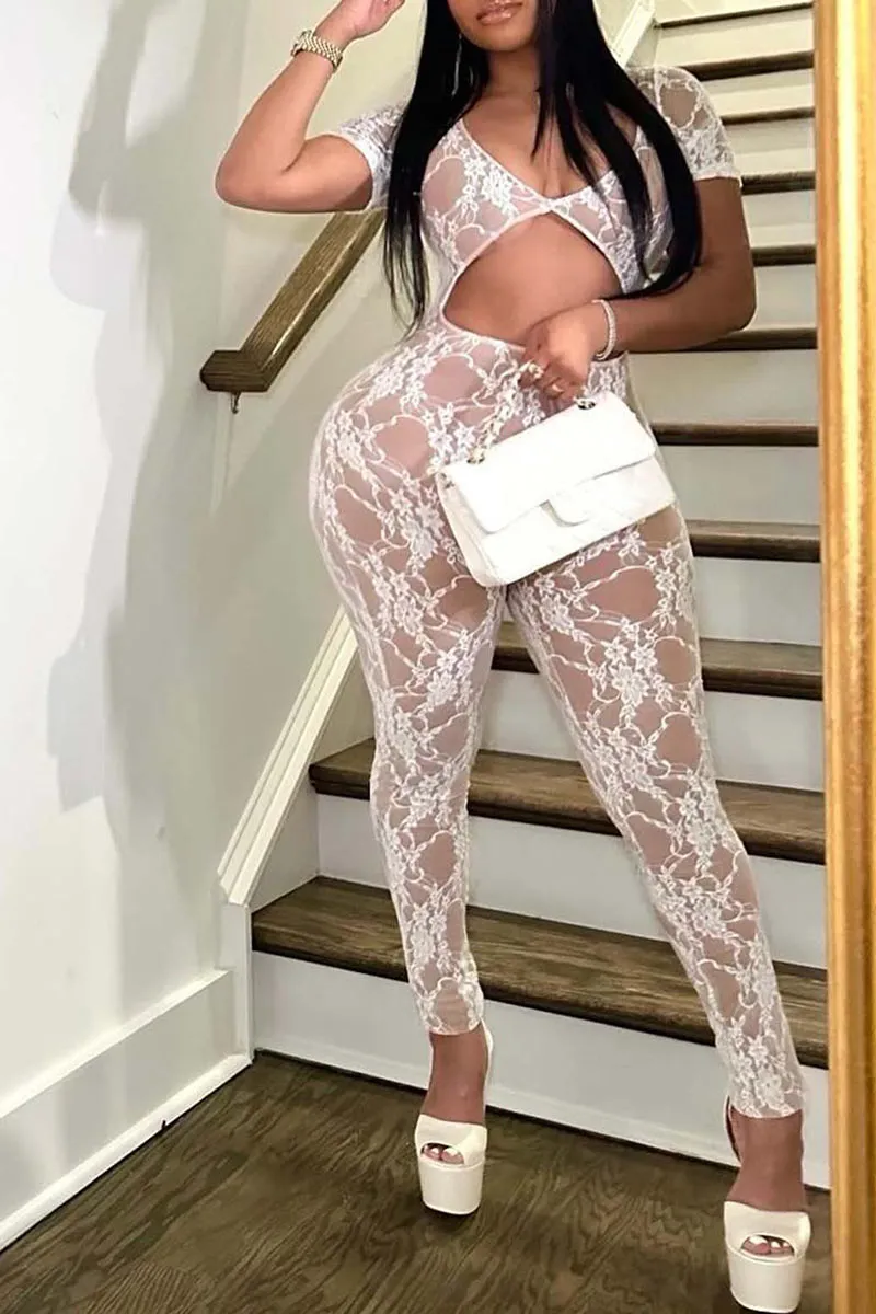 JL684 Solid Lace Hollowed Out See-Through Skinny Jumpsuits