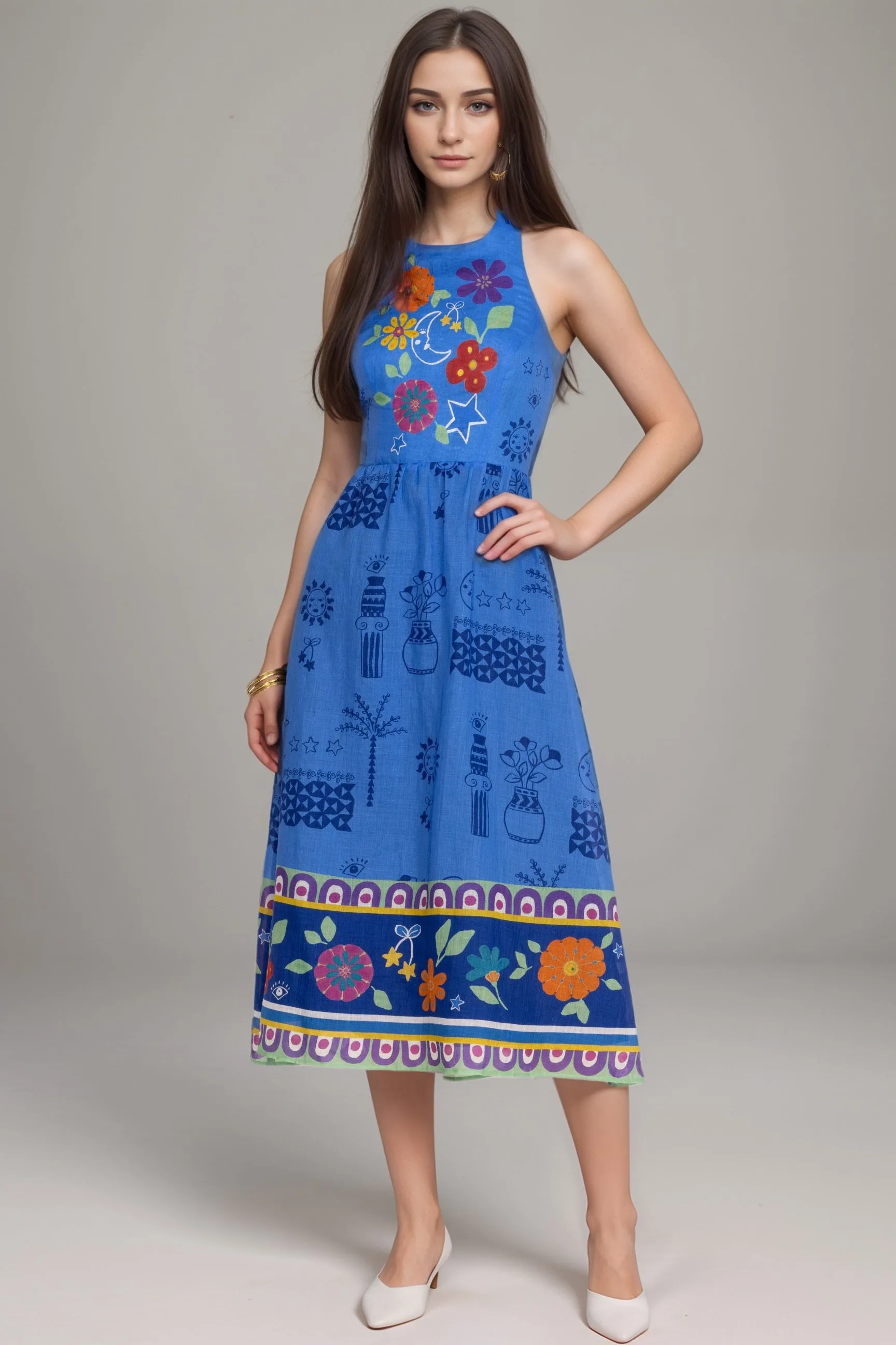 Johnny Was Jade Blue Zahar Linen Tea Length Dress L36224