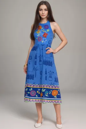 Johnny Was Jade Blue Zahar Linen Tea Length Dress L36224