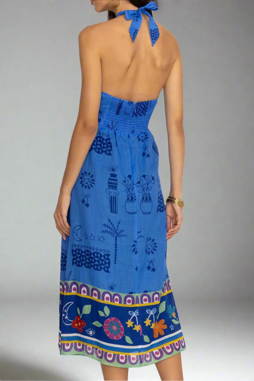 Johnny Was Jade Blue Zahar Linen Tea Length Dress L36224