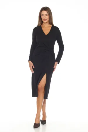 Joseph Ribkoff Black Knot Front Slit Midi Sheath Dress 243308