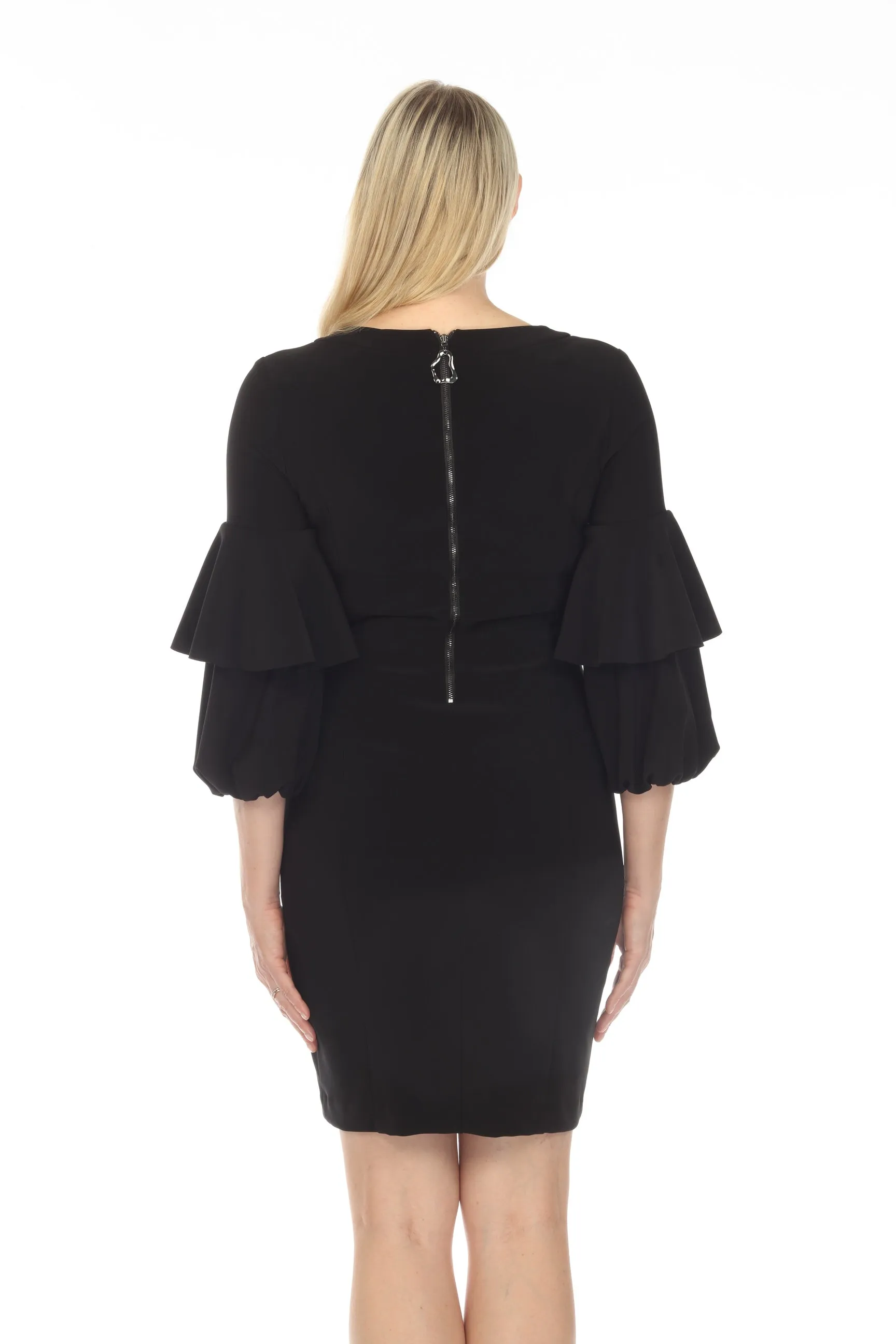 Joseph Ribkoff Black Tiered Ruffled Bell Sleeve Sheath Dress 233096
