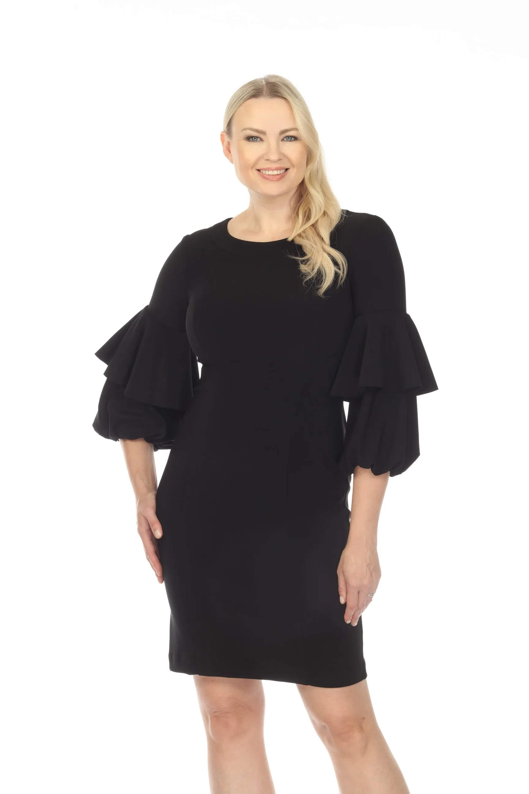 Joseph Ribkoff Black Tiered Ruffled Bell Sleeve Sheath Dress 233096