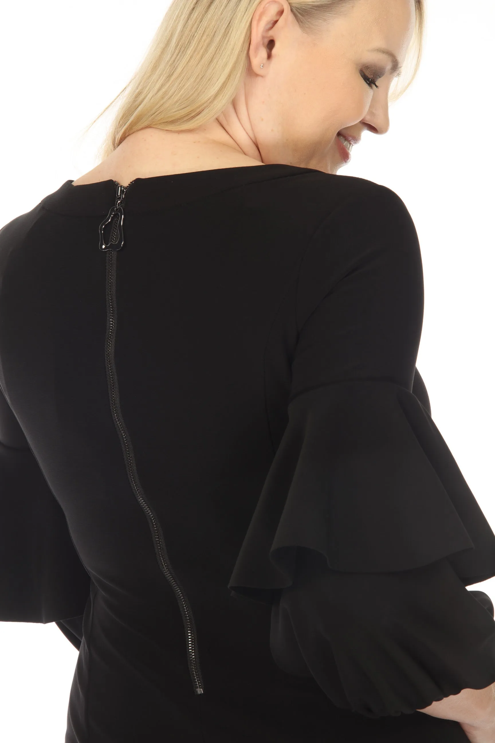 Joseph Ribkoff Black Tiered Ruffled Bell Sleeve Sheath Dress 233096