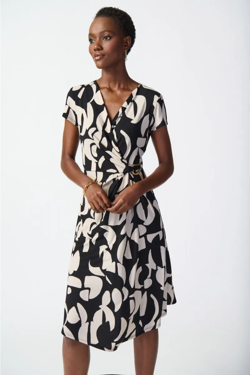 Joseph Ribkoff Black/Moonstone Geometric Print Asymmetric Faux Wrap Dress 241029