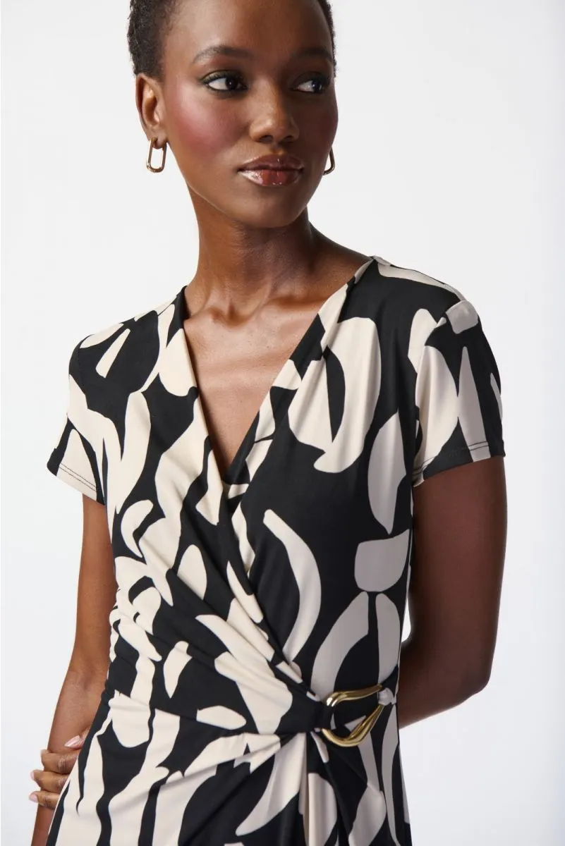 Joseph Ribkoff Black/Moonstone Geometric Print Asymmetric Faux Wrap Dress 241029