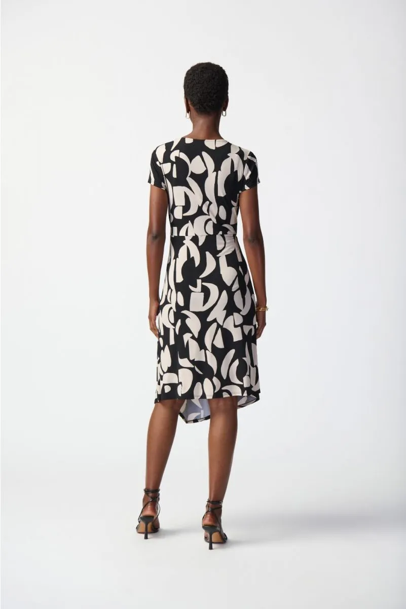 Joseph Ribkoff Black/Moonstone Geometric Print Asymmetric Faux Wrap Dress 241029