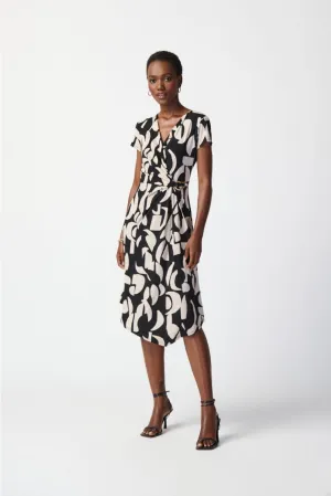 Joseph Ribkoff Black/Moonstone Geometric Print Asymmetric Faux Wrap Dress 241029