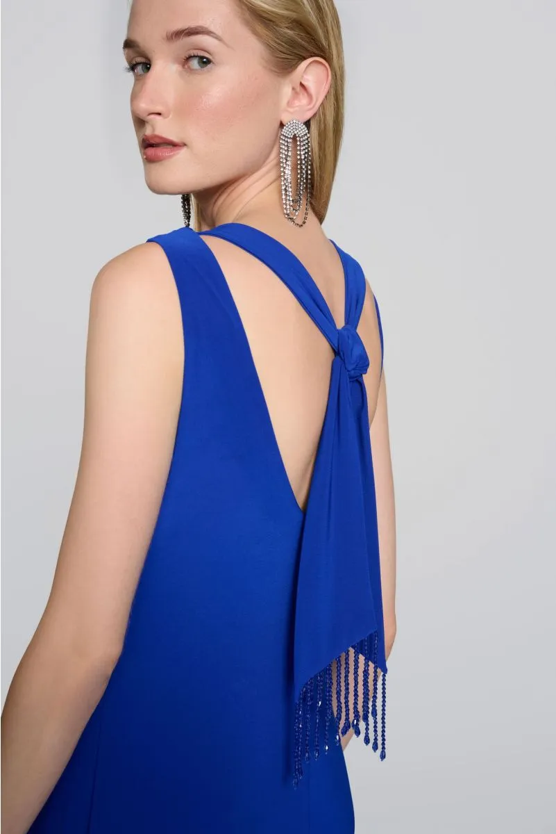 Joseph Ribkoff Royal Sapphire Beaded Fringe Back Tie Sheath Dress 242702