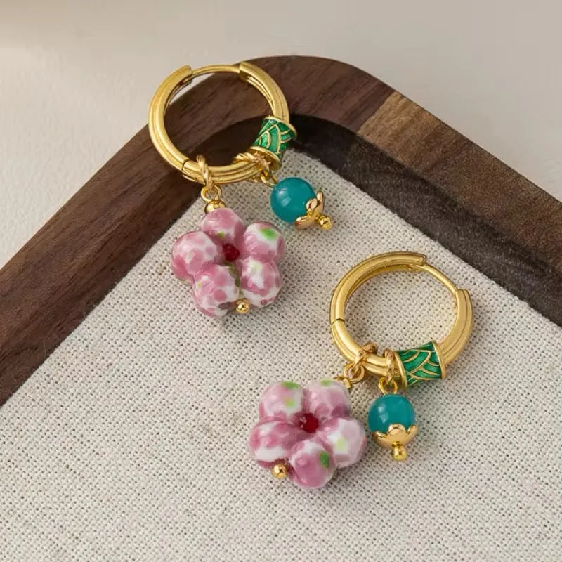 Korean Minimalist Sweet Temperament Pink Flower Earrings