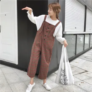 Korean Preppy Style Cute Girls' Overalls Japanese Vintage Casual Loose Plaid Wide Leg Women Pants Strap Backless Cool Jumpsuits