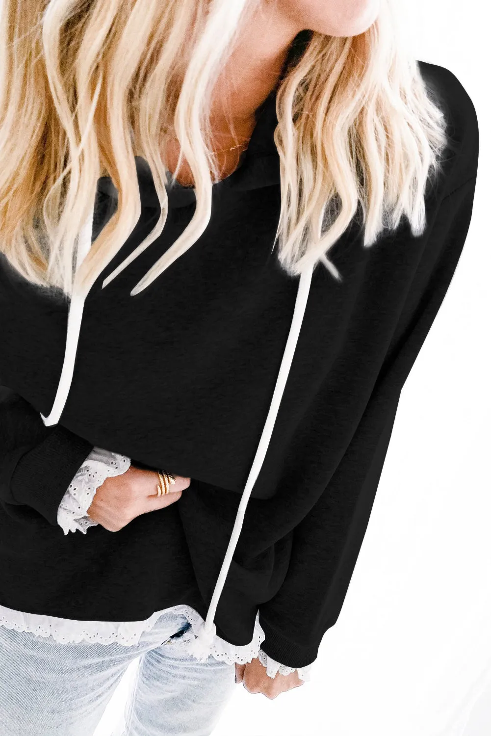Lace Trim Solid Pullover Hoodie